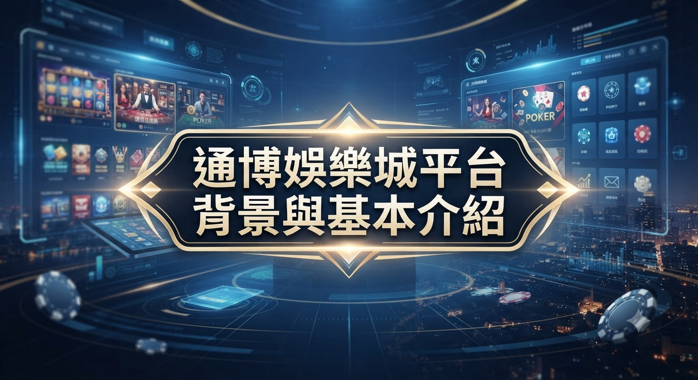 這張圖片以未來感與科技風的線上娛樂平台為背景,展現專業的數位營運氛圍。 中央醒目地呈現「通博娛樂城平台背景與基本介紹」的繁體中文標題,突顯主題。
