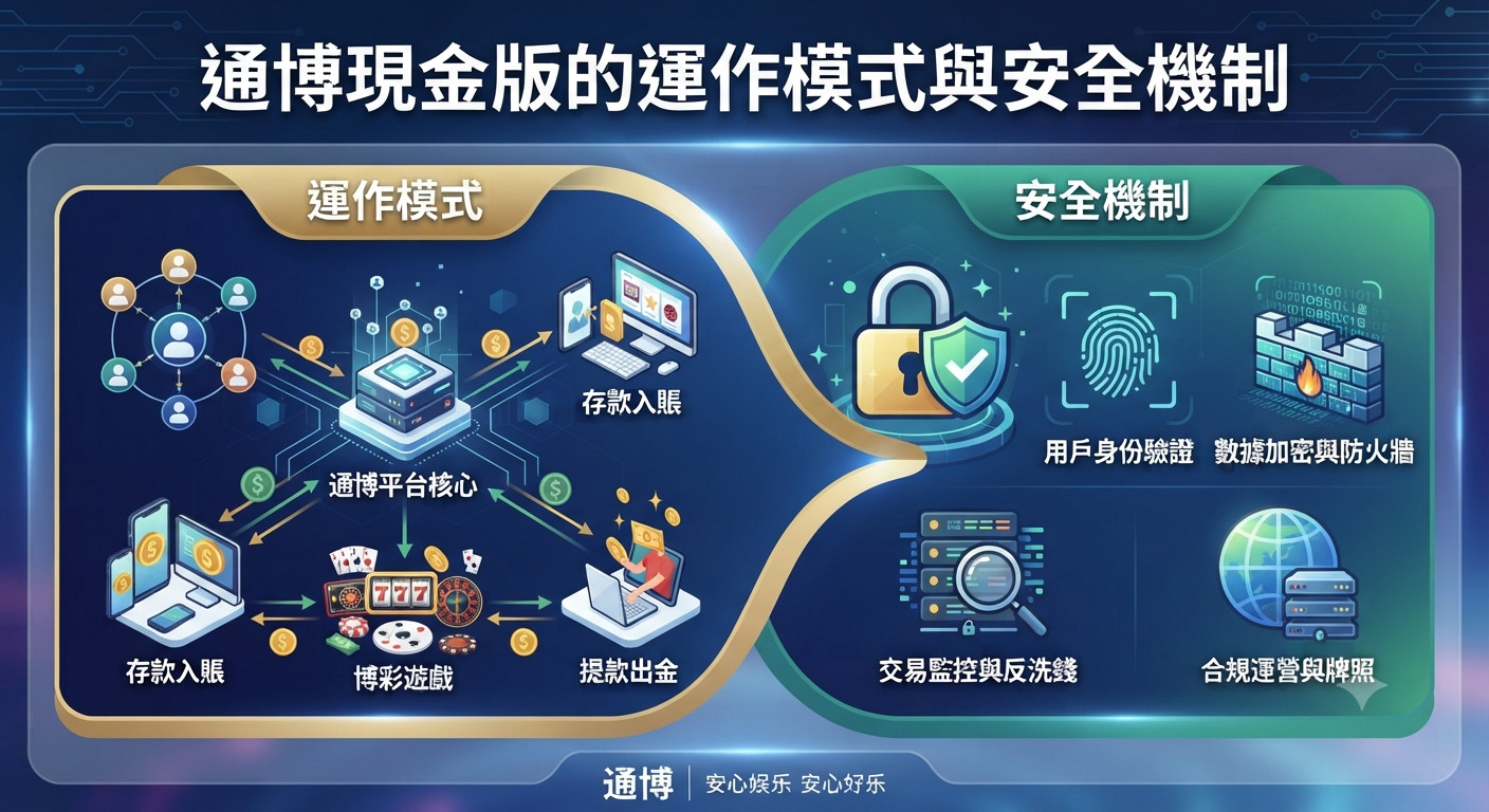 這張圖片展示了通博現金版的運作模式與安全機制,以視覺化圖表呈現平台核心、存款入帳、博彩遊戲與提款出金的流程。 同時透過鎖頭、指紋驗證與防火牆等圖標,強調了用戶身份驗證、數據加密、交易監控及合規運營的安全防護架構。